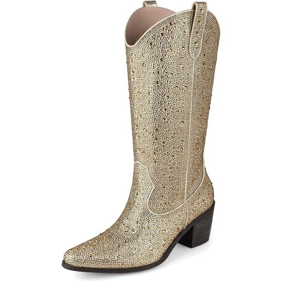 ⚡Women’s Gold Rhinestone Cowboy Boots Mid Calf Pointed Toe Sparkly Block Heel - Picture 1 of 6
